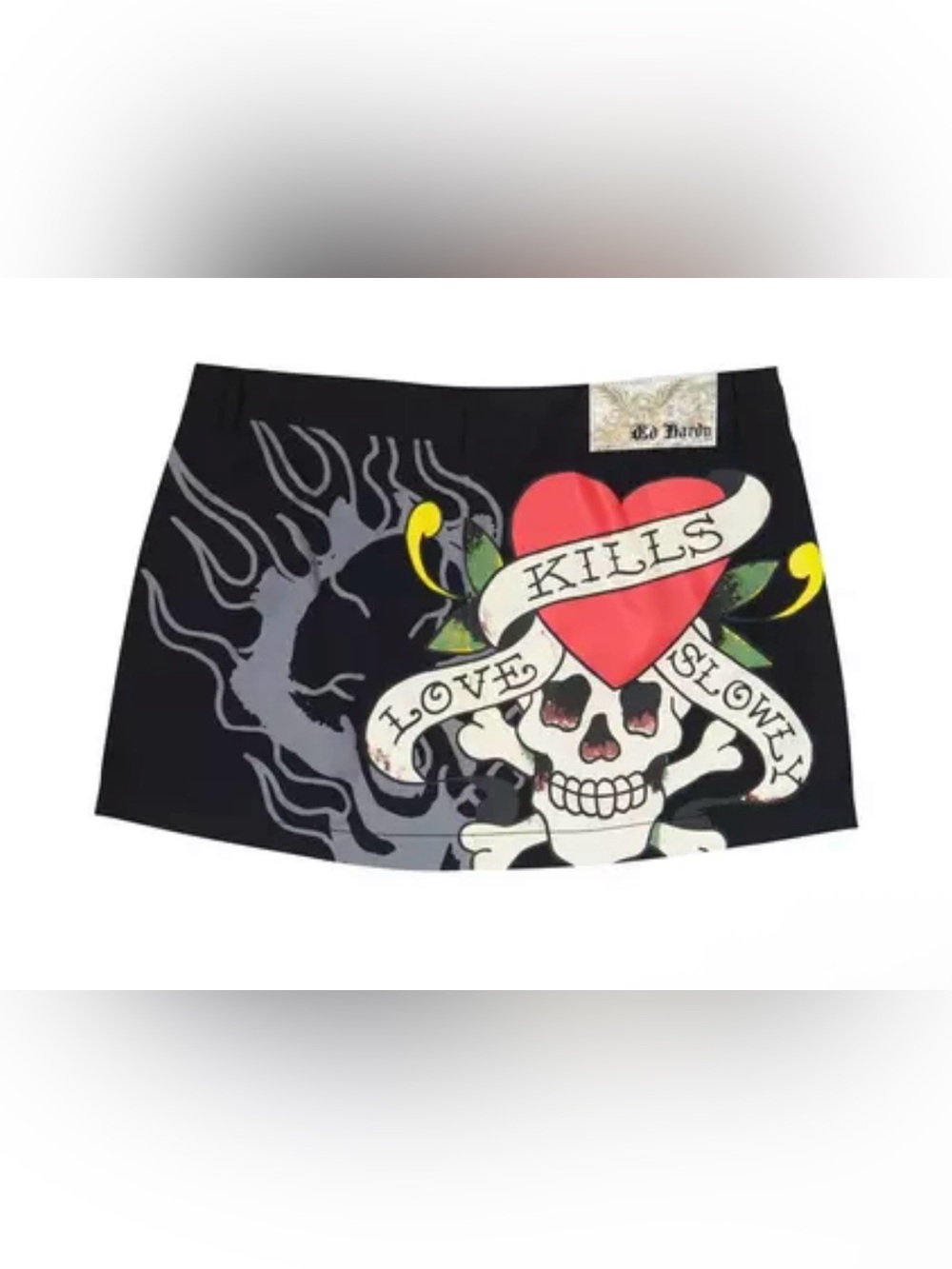NWT Ed Hardy Black Love Kills Slowly Skull Heart Mini Skirt Women’s Size Large